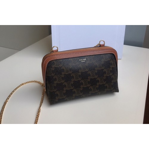 Celine 10E382 clutch with chain in Brown triomphe canvas and Tan lambskin