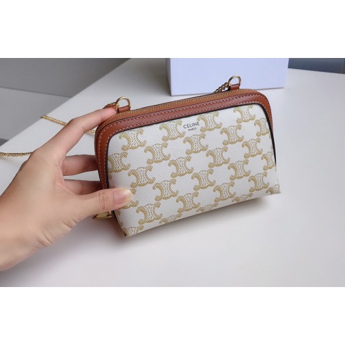 Celine 10E382 clutch with chain in White triomphe canvas and Tan lambskin