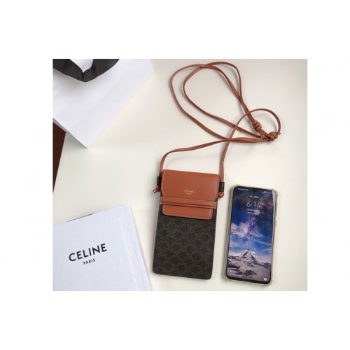 Celine 10G332 Phone Pouch in Triomphe Canvas and Tan Lambskin