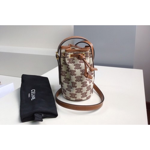 Celine 10H492 Micro Drawstring Bag in textile with triomphe embroidery Vintage Brown