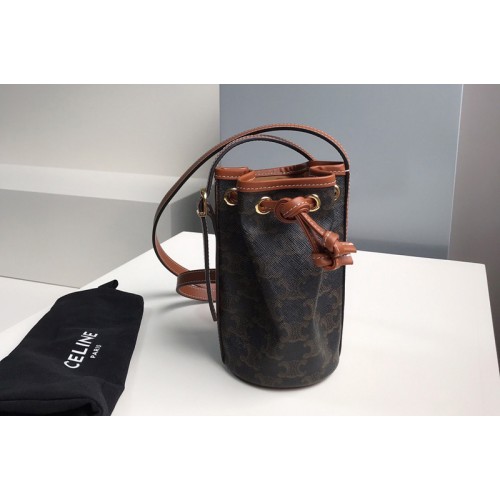 Celine 10H492 Micro Drawstring Bag in textile with triomphe embroidery Brown
