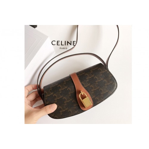 Celine 10I592 CLUTCH ON STRAP IN TRIOMPHE CANVAS AND Tan CALFSKIN