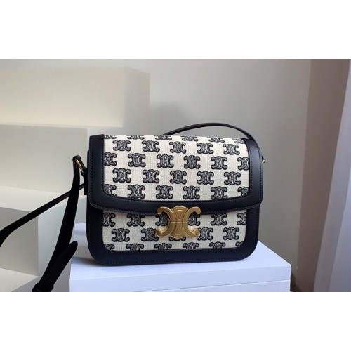 Celine Teen Triomphe Bag in Textile with Triomphe Embroidery and Calfskin Vintage Black