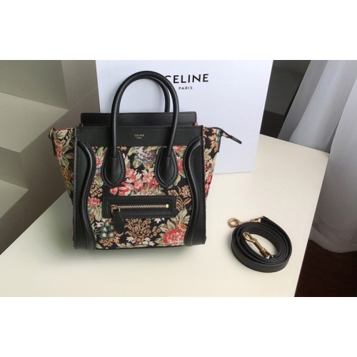 Celine NANO LUGGAGE BAG IN FLORAL JACQUARD AND CALFSKIN
