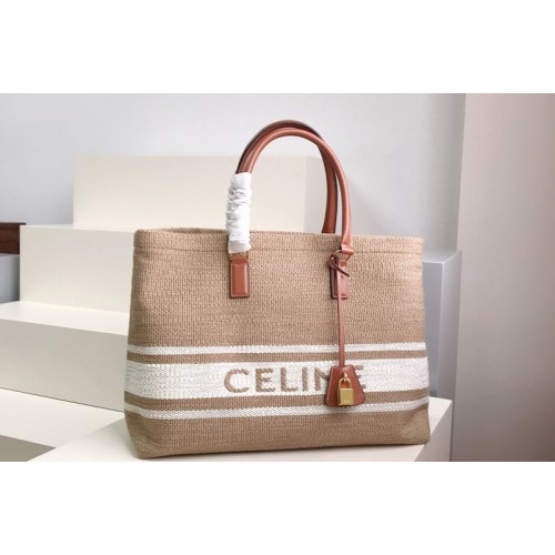 Celine Horizontal Cabas Celine Bag in Textile with Celine print and Calfskin Beige Tan