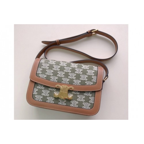 Celine MEDIUM TRIOMPHE BAG IN Green TEXTILE WITH TRIOMPHE EMBROIDERY