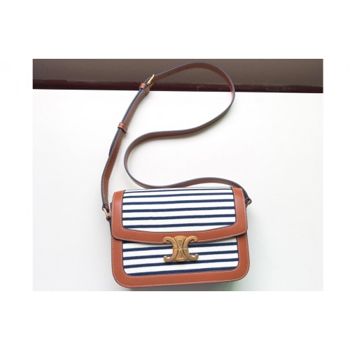 Celine Medium Triomphe bag in Navy Tan Striped textile