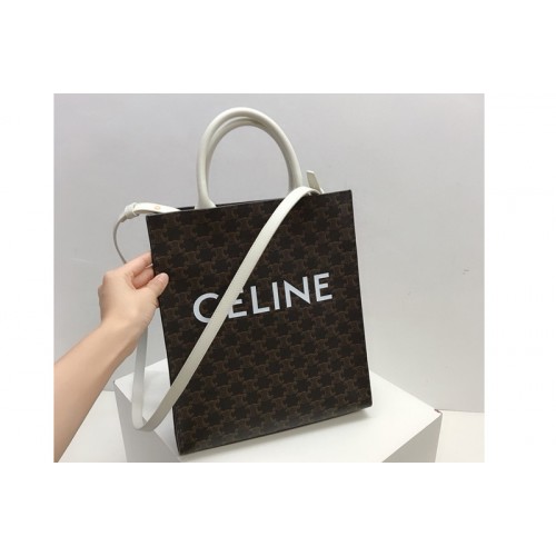 Celine Small Vertical Cabas in Triomphe Canvas with Celine Print And White Leather