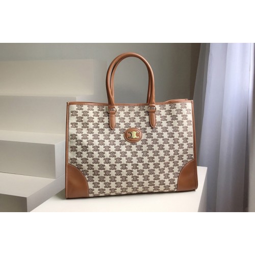 Celine horizontal cabas Bag in textile with triomphe embroidery brown