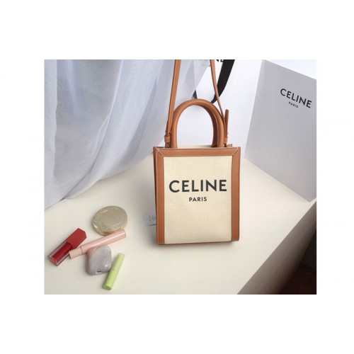 Celine Mini vertical cabas celine Bag in canvas with celine print and Tan calfskin