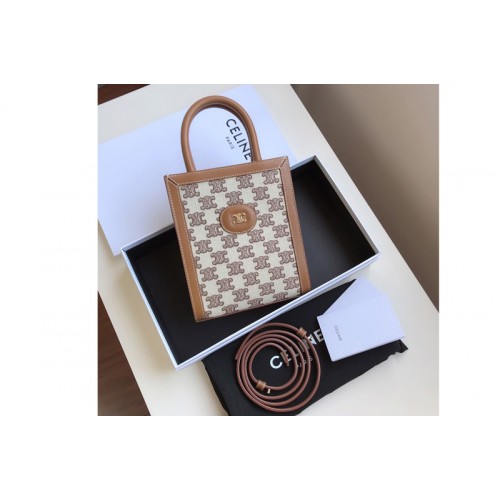 Celine Mini vertical cabas Bag in textile with triomphe embroidery Brown