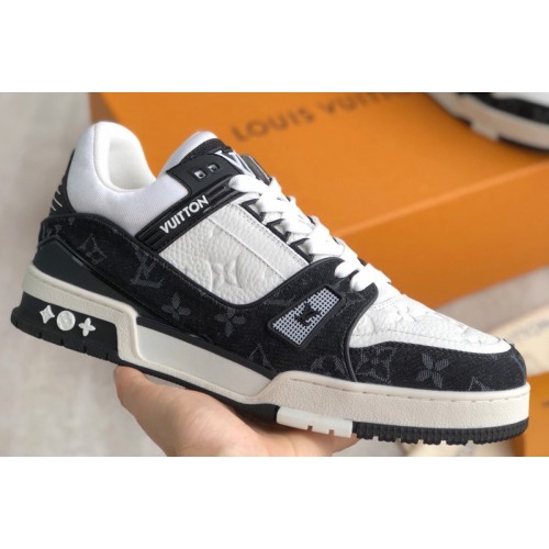 Louis Vuitton 1A9JG7 Trainer sneaker on Black Monogram denim and Monogram-embossed grained calf leather