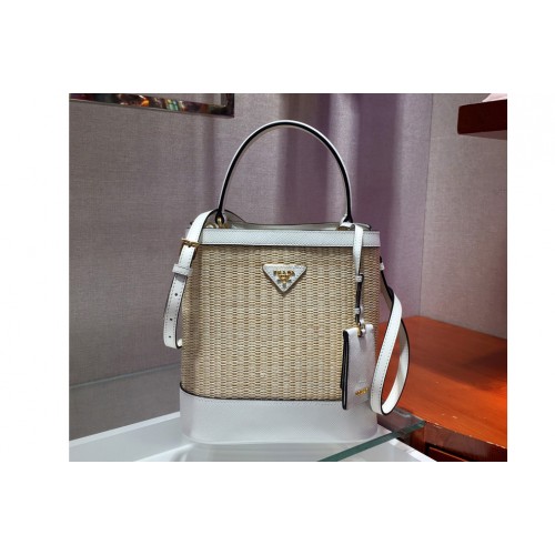 Prada 1BA212 Panier medium straw bags Straw and White Saffiano leather