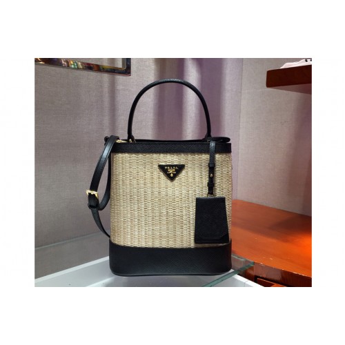 Prada 1BA212 Panier medium straw bags Straw and Black Saffiano leather
