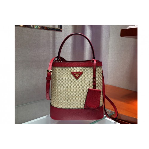 Prada 1BA212 Panier medium straw bags Straw and Red Saffiano leather