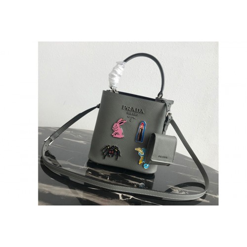 Prada 1BA217 Small Prada Panier bag with appliques in Gray Saffiano leather