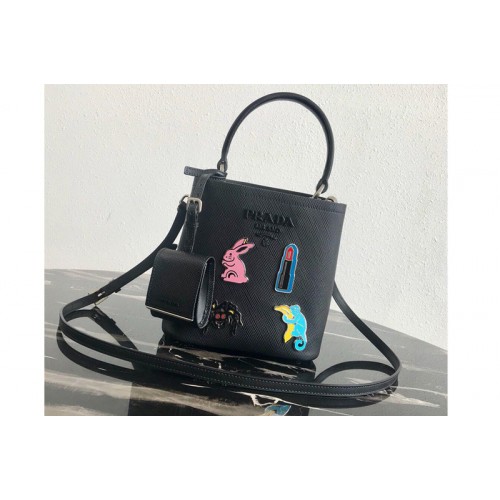 Prada 1BA217 Small Prada Panier bag with appliques in Black Saffiano leather