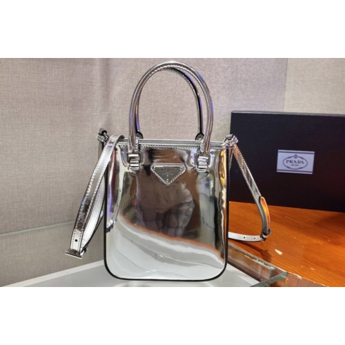 Prada 1BA331 Small brushed leather tote Bag in Silver brushed leather