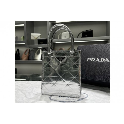 Prada 1BA334 Small metallic leather tote bag in Silver Leahter