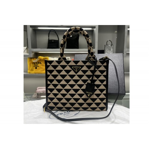Prada 1BA354 Small Prada Symbole jacquard fabric handbag in Black Beige Fabric Leather