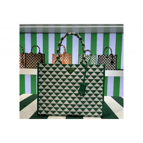 Prada 1BA356 Large Prada Symbole jacquard fabric handbag in Green White