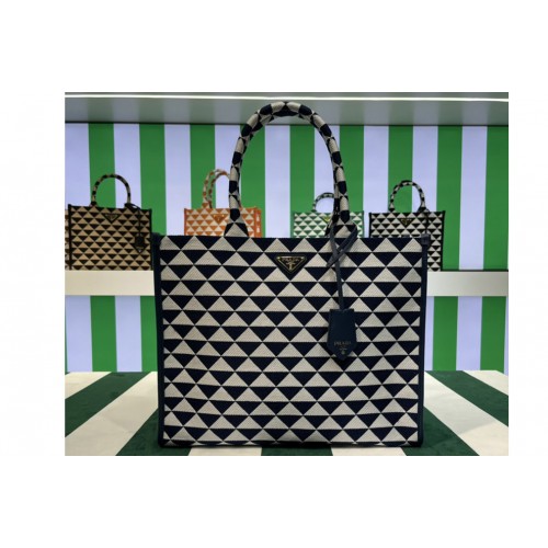 Prada 1BA356 Large Prada Symbole jacquard fabric handbag in Black White