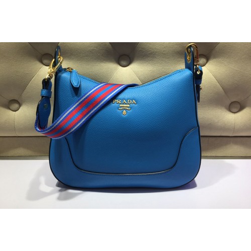 Prada 1BC052 Web Stripe Strap Crossbody Bags Blue Vitello Leather