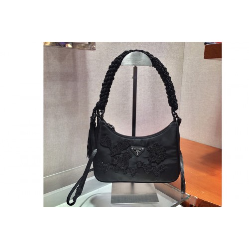 Prada 1BC204 Mini Nylon Hobo Bag in Black Nylon