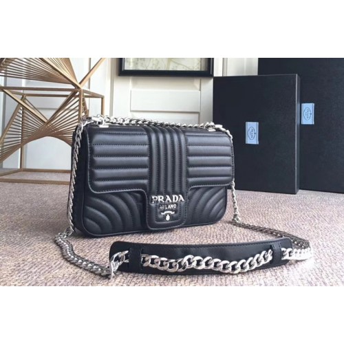 Prada 1BD108 Diagramme medium leather bags Black Stitched leather With Silver Chain