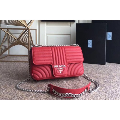 Prada 1BD108 Diagramme medium leather bags Red Stitched leather With Silver Chain