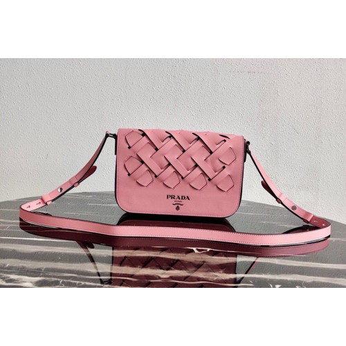 Prada 1BD246 Leather Prada Tress Shoulder Bag in Papaya Black Woven Leather