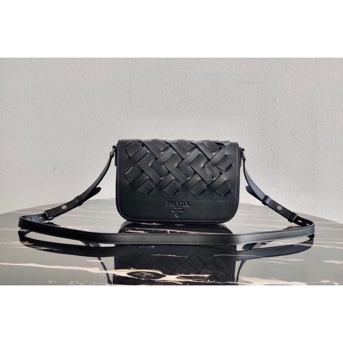 Prada 1BD246 Leather Prada Tress Shoulder Bag in Black Woven Leather