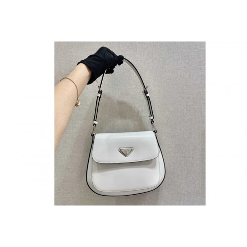 Prada 1BD303 Prada Cleo brushed leather shoulder bag with flap in White brushed leather