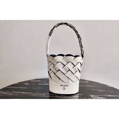 Prada 1BE049 Leather Prada Tress Bucket Bag in White Black Woven Leather