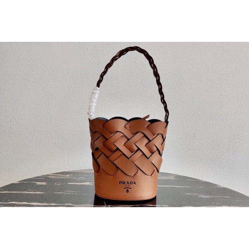 Prada 1BE049 Leather Prada Tress Bucket Bag in Cognac Black Woven Leather