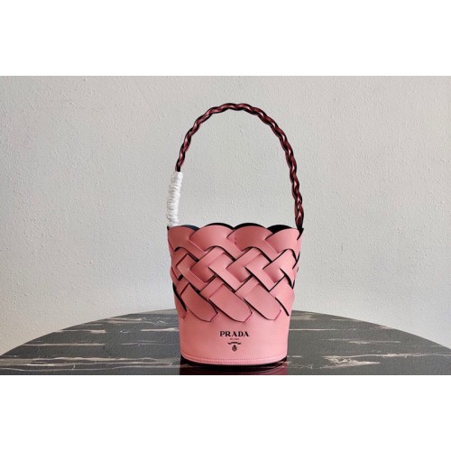Prada 1BE049 Leather Prada Tress Bucket Bag in Pink Black Woven Leather