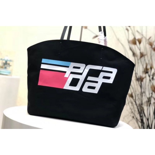 Prada 1BG218 Prada Logo Printed Canvas Tote Bags Black