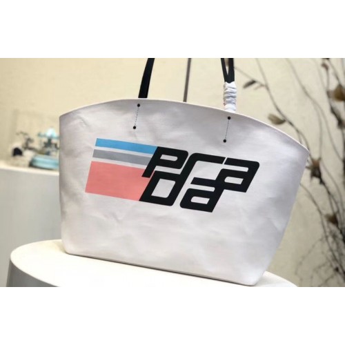 Prada 1BG218 Prada Logo Printed Canvas Tote Bags White