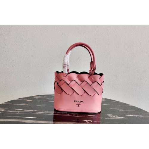 Prada 1BG318 Leather Prada Tress Tote Bag in Petal Pink Black Woven Leather