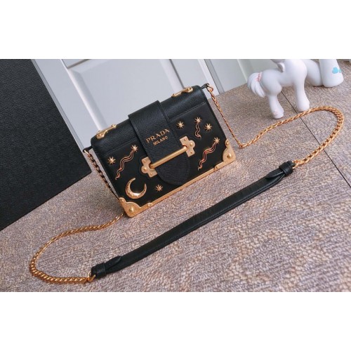 Prada 1BH018 Leather Prada Cahier Bag in Black Leather