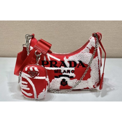 Prada 1BH204 Prada Re-Edition 2006 embroidered drill shoulder bag in Red White Fabric