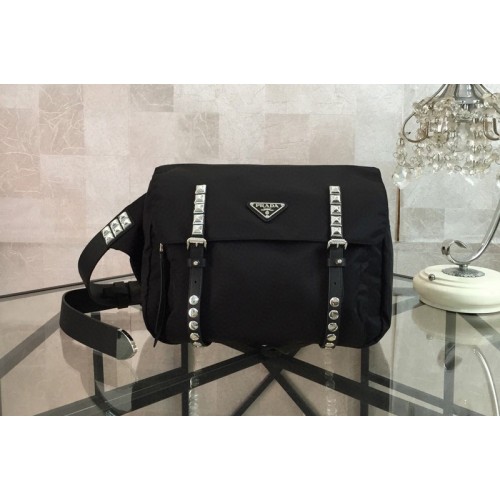 Prada 1BL013 Black Belt Bag New Vela In Black Nylon With White Leather