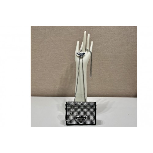 Prada 1MR024 Cardholder with shoulder strap and crystals on Black