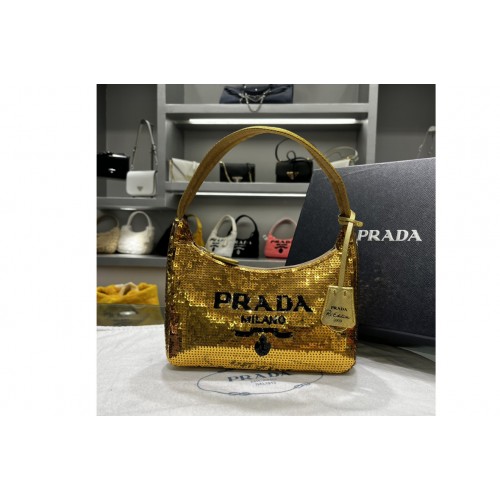 Prada 1NE515 Re-Edition 2000 sequined Re-Nylon mini-bag in Black Gold Fabric