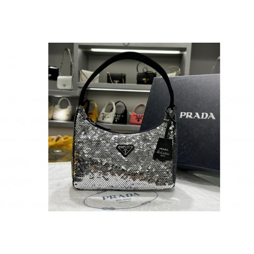 Prada 1NE515 Re-Edition 2000 sequined Re-Nylon mini-bag in Silver Fabric