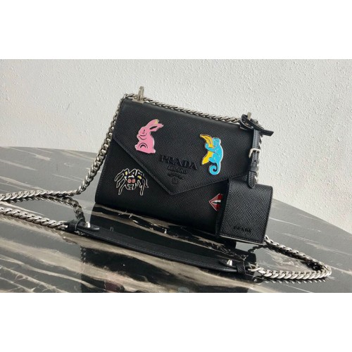 Prada 1BD127 Saffiano Leather Prada Monochrome Bag with appliques in Black Saffiano leather