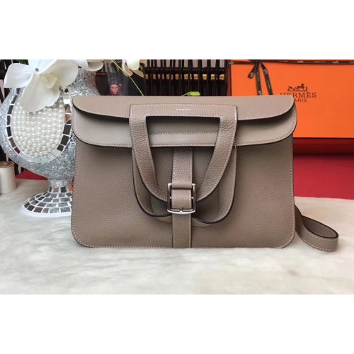 Hermes Halzan 31 Bags Original Taurillon Leather Light Gray