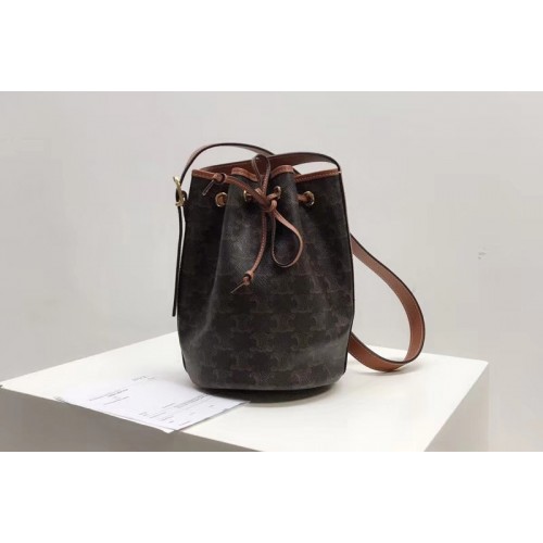 Celine SMALL DRAWSTRING BAG IN TRIOMPHE CANVAS With Tan Leather