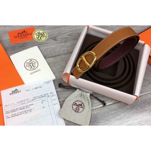 Womens Hermes 32mm Chaine dAncre buckle Reversible Belts Brown Bordeaux Epsom Leather