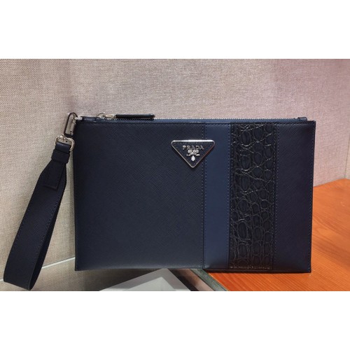 Prada 2NG005G Saffiano Leather Clutch in Navy Blue Blue Leather